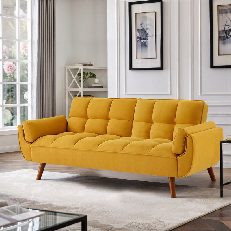 Alwyn Home Tarantino Twin 75.3 Upholstered Split Back Convertible Sofa Fabric Yellow Linen Futons